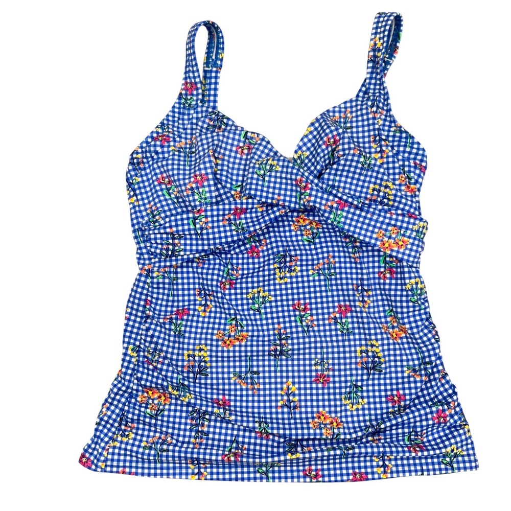 Lands‎ End Tankini Top Womens 8 D Blue Gingham Floral Cottagecore Garden Twist